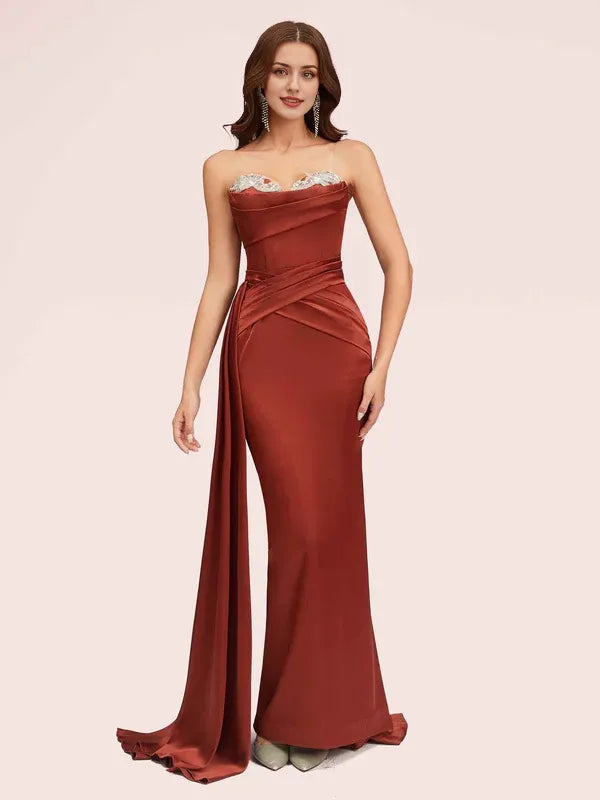 Robe Weitese sexy en satin doux, décolleté en cœur, sans bretelles, style sirène, robe de bal plissée